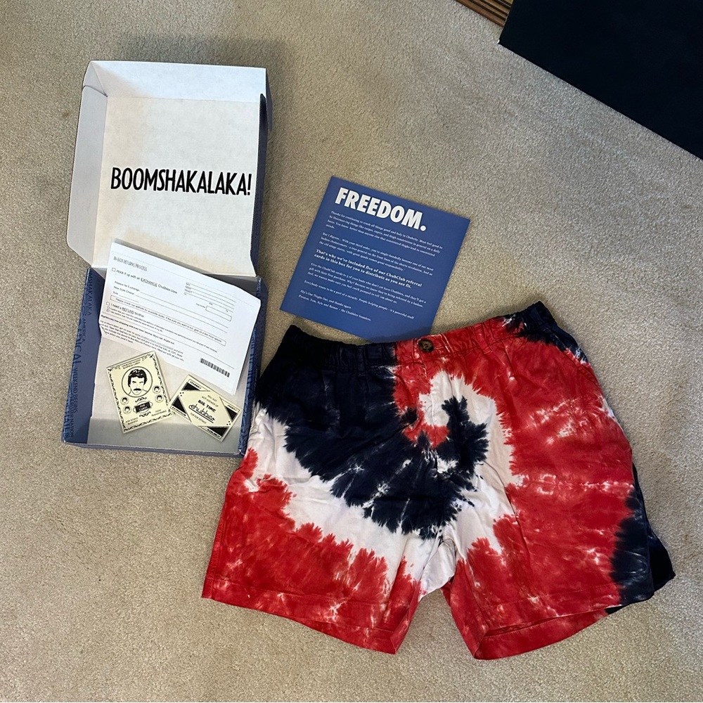 Chubbies tie dye red white and blue shorts. Size Large. NEW & never worn